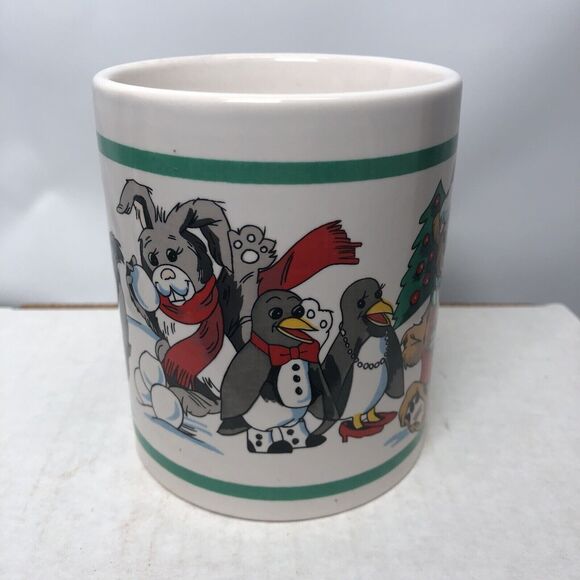Vintage Teddy Bear Mug Christmas Scarf Handle Coffee Cup Skunk Penguin Rabbit - Picture 2 of 6
